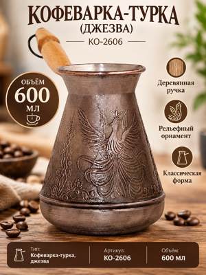 Кофеварка-турка 600 мл КО-2606 с деревянной ручкой и рельефным орнаментом