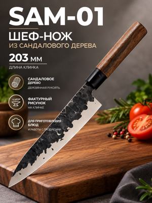 Шеф-нож SAM-01 203 мм с рукоятью из сандалового дерева и фактурным клинком