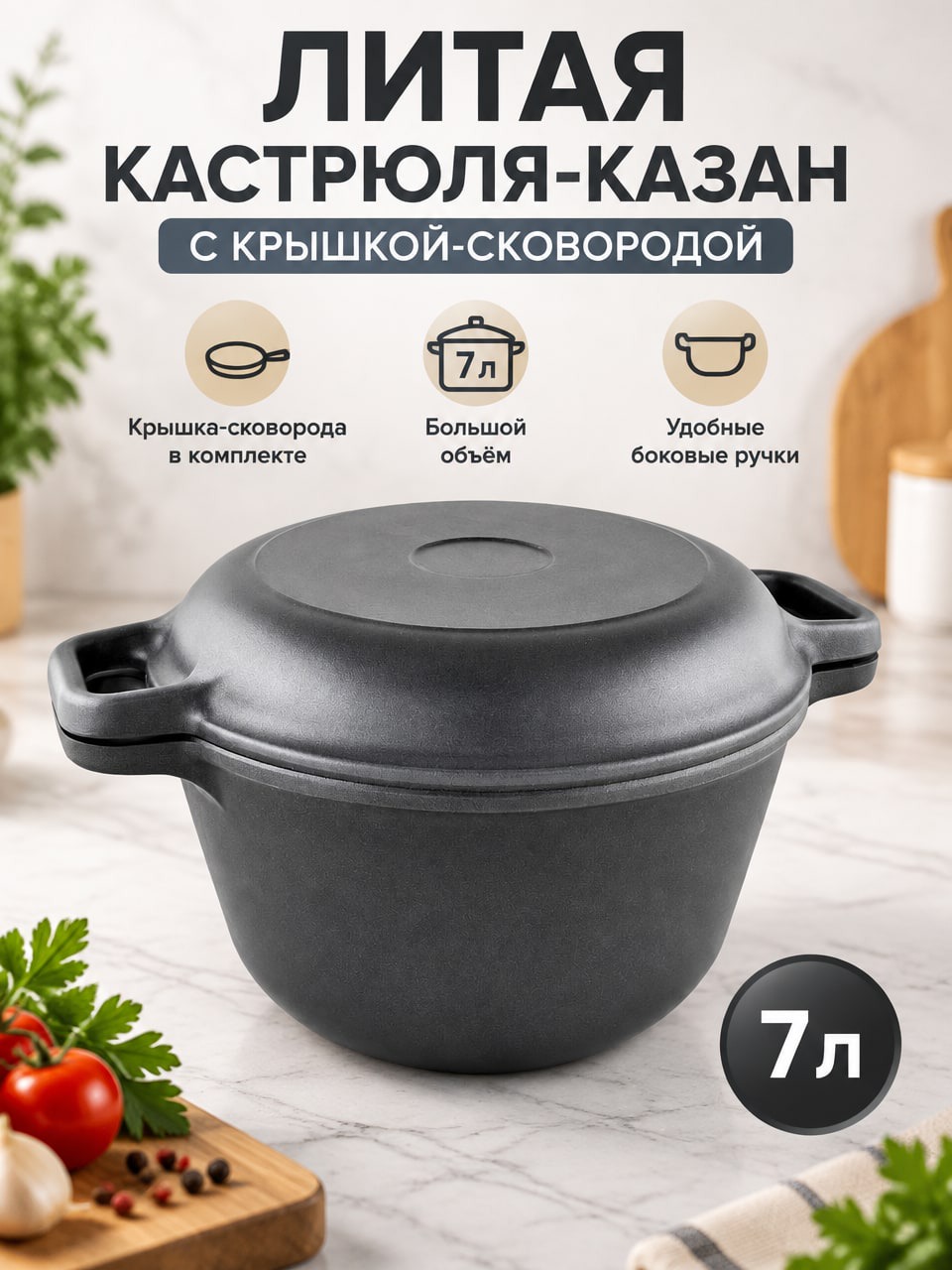 Литая кастрюля-казан 7 л с крышкой-сковородой, тёмно-серая
