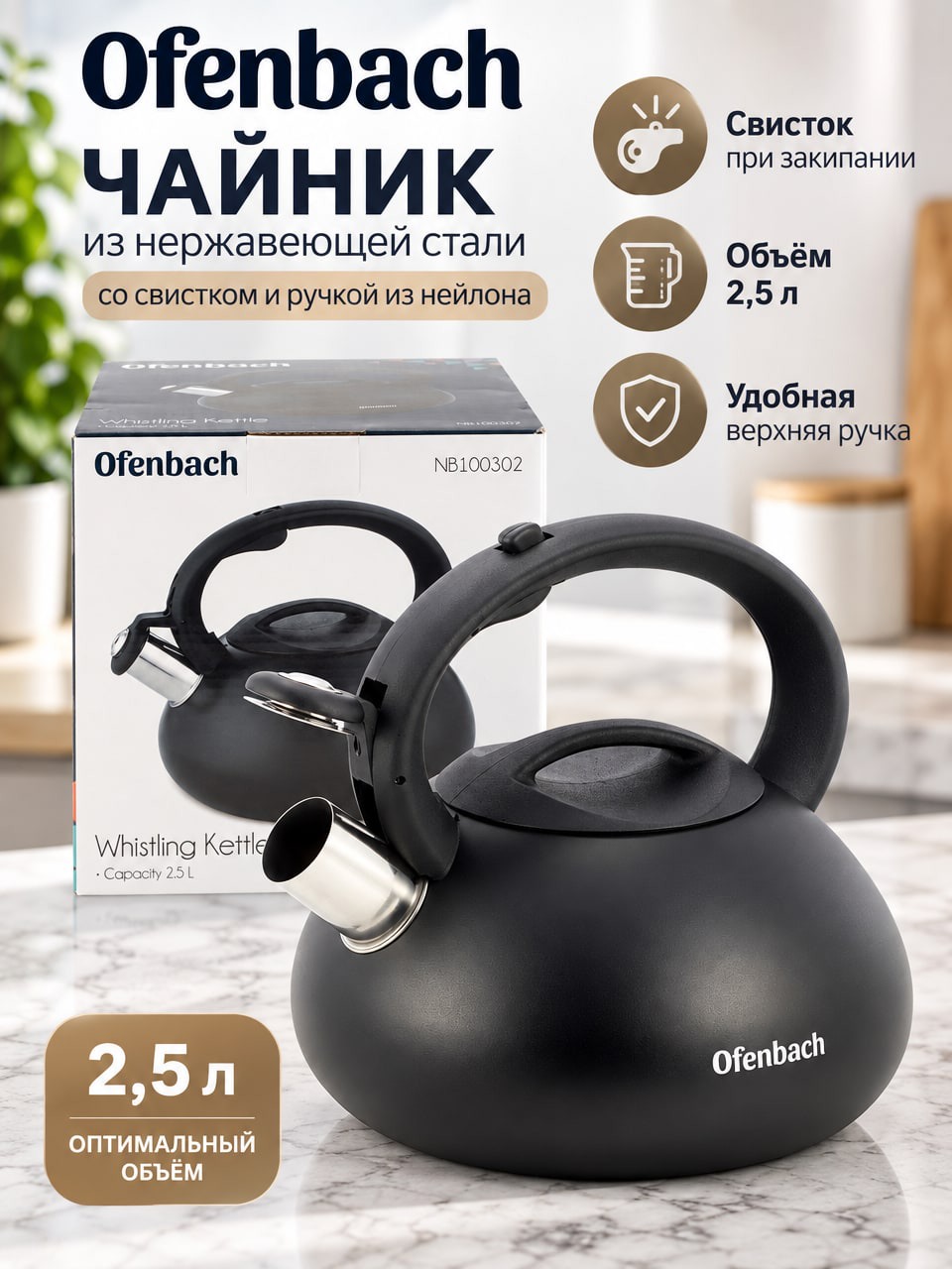 Чайник Ofenbach 2,5 л из нержавеющей стали со свистком, чёрный, NB100302