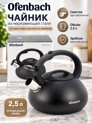 Чайник Ofenbach 2,5 л из нержавеющей стали со свистком, чёрный, NB100302