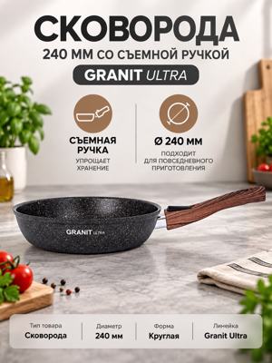 Сковорода 240 мм со съемной ручкой Granit Ultra — черная круглая сковорода