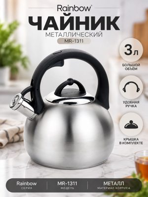 Металлический чайник Rainbow MR-1311, 3 л — серебристый чайник с крышкой и носиком
