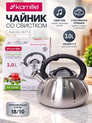 Чайник Kamille 0671А со свистком 3 л из нержавеющей стали со стеклянной крышкой