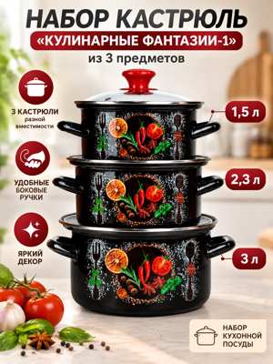 Набор кастрюль 3 предмета «Кулинарные фантазии-1» — 1,5, 2,3 и 3 л