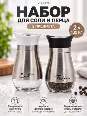 Z-11071 — набор для соли и перца, солонка и перечница 2×100 мл из стекла и нержавеющей стали