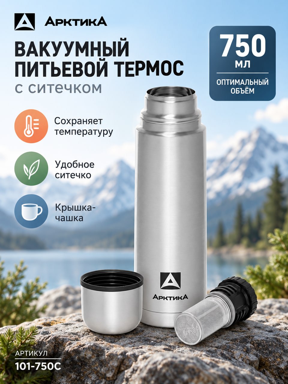 Вакуумный термос Арктика 750 мл с ситечком, крышкой-чашкой, серебристый, 101-750С