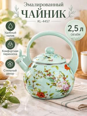 Эмалированный чайник 2,5 л с цветочным рисунком KL-4457, светло-зелёный