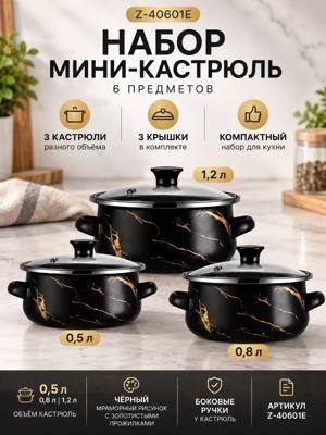 Набор мини-кастрюль Z-40601Е, 6 предметов — чёрные мини-кастрюли с крышками