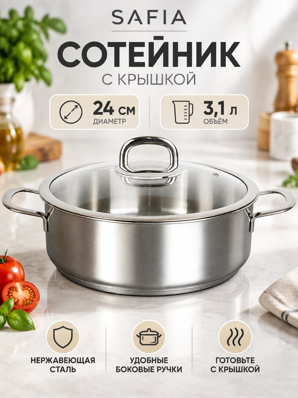 Сотейник SAFIA 24 см, 3,1 л, с крышкой, из нержавеющей стали, SF-STP3124G
