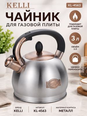 Металлический чайник KELLI KL-4563 3 л для газовой плиты с крышкой и носиком