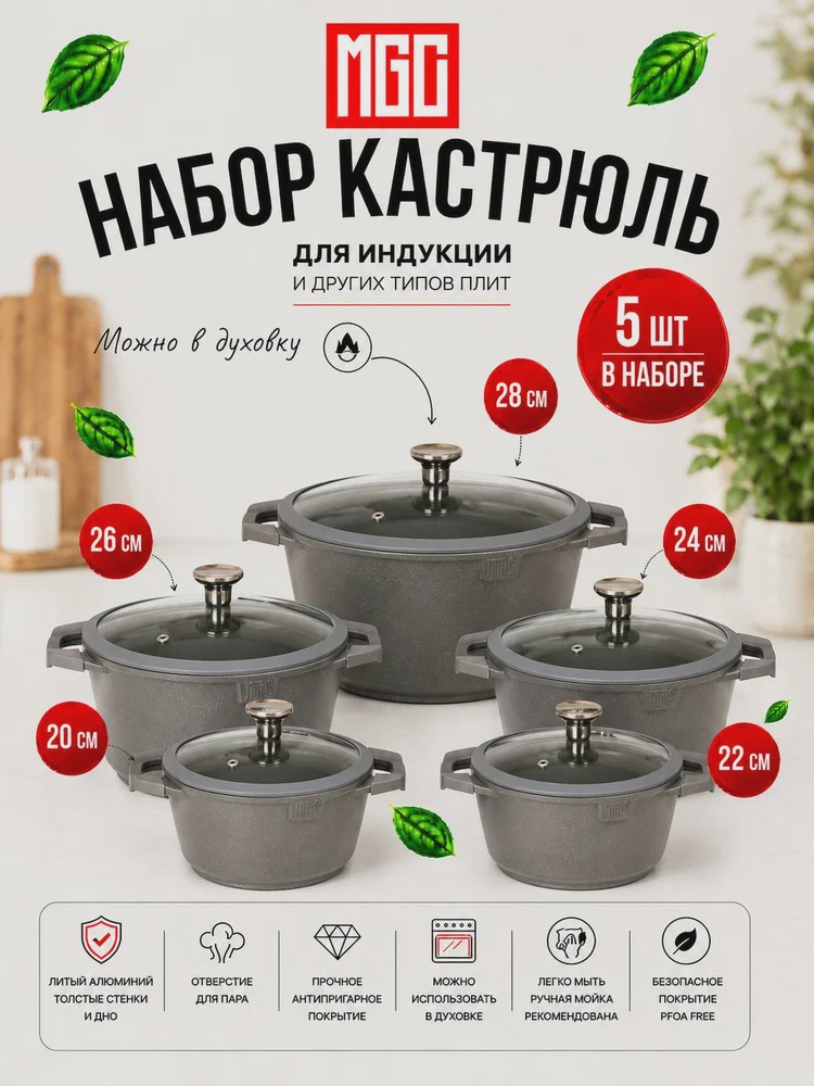 MGC Набор кастрюль с крышками 20, 22, 24, 26, 28 см, серые